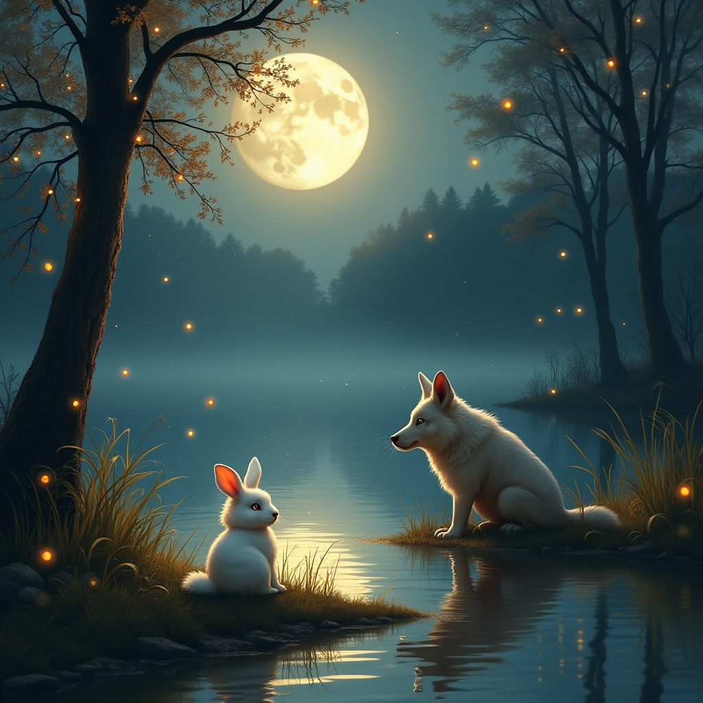 Ethereal Lakeside Scene with Rabbit and Wolf