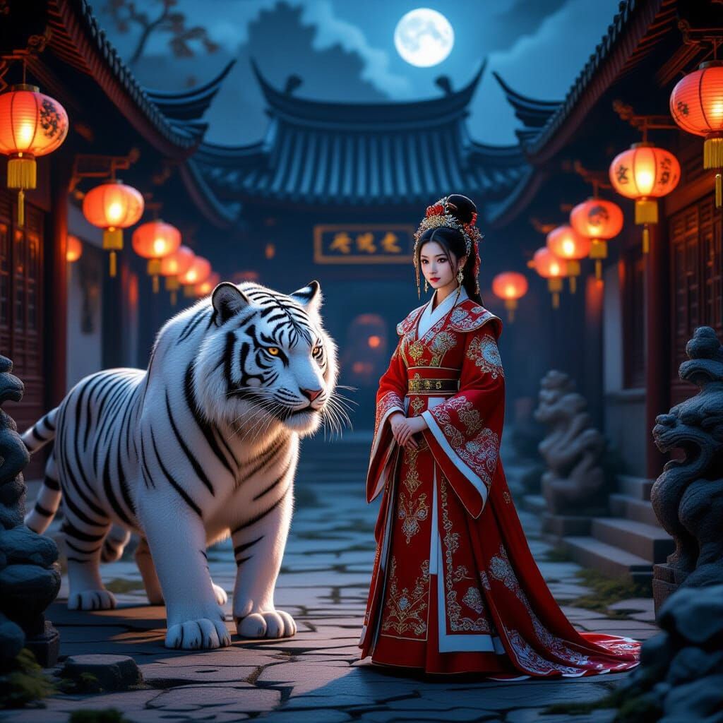 Chinese Princess and White Tiger in Courtyard