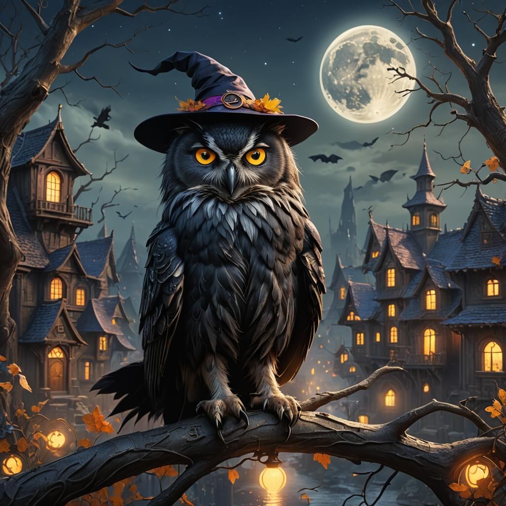 Super Moon Owl Black Cat Charming Witch