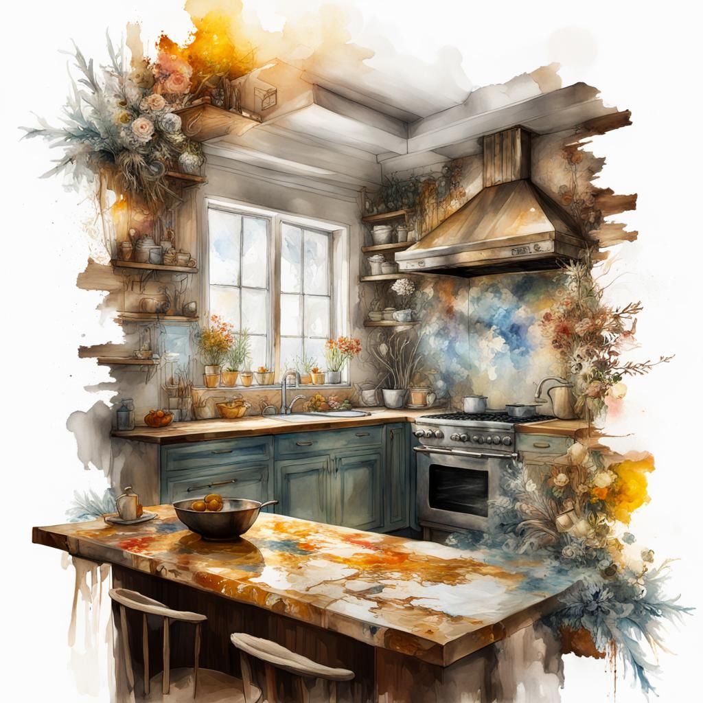 Disintegrating Kitchen with Tapestries, Digital Watercolor