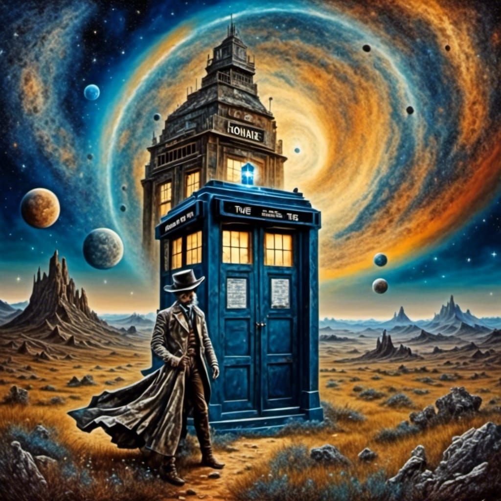 Surreal Jonah Hex and TARDIS in Cosmic Dreamscape