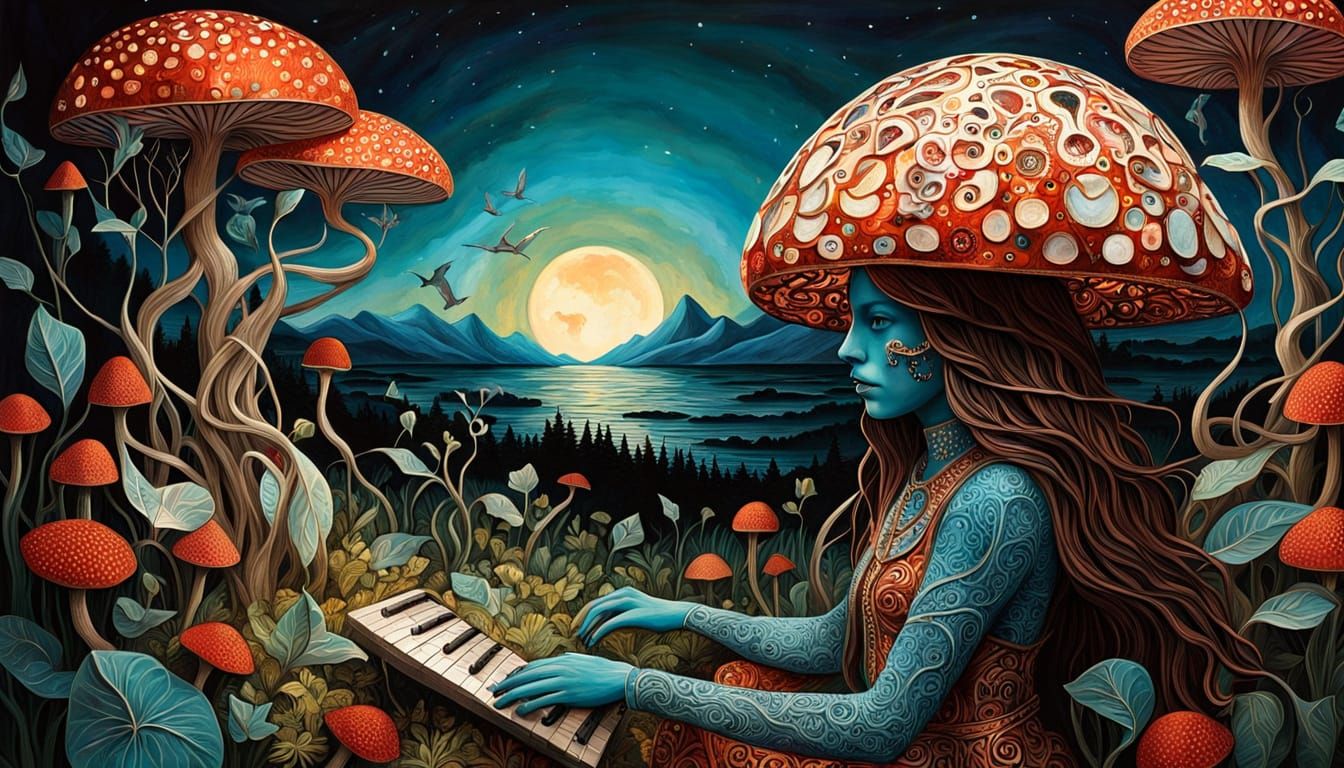 Surreal Sculpture of Woman Amidst Sunset, Glowing Creatures,...