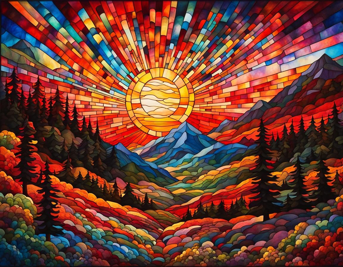Stained Glass Sky Over Mountain Forest in Oil