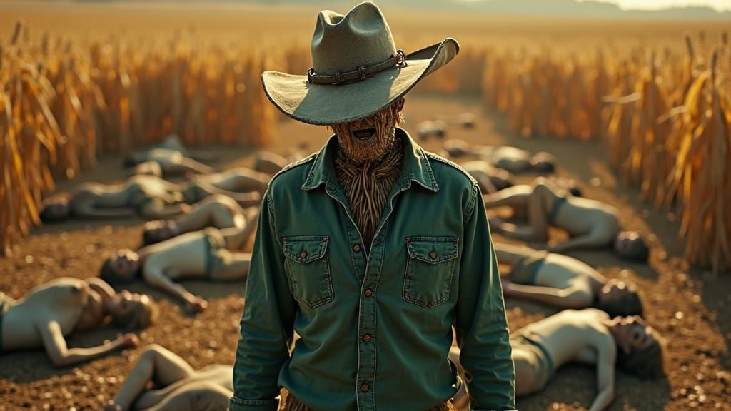 Hyperrealistic Scarecrow in Cornfield Film Still