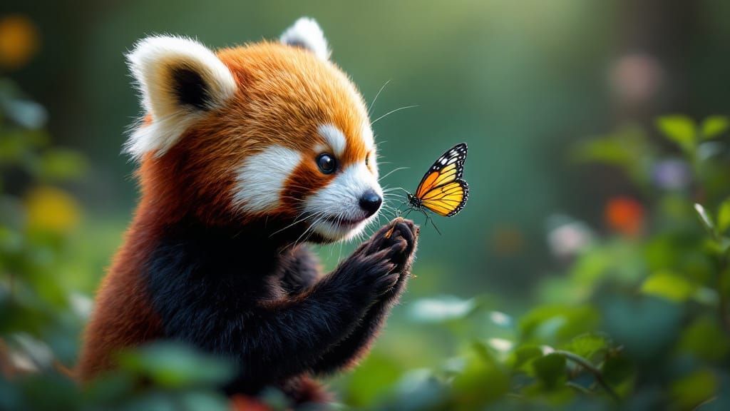 Baby Red Panda Meets Butterfly in Forest