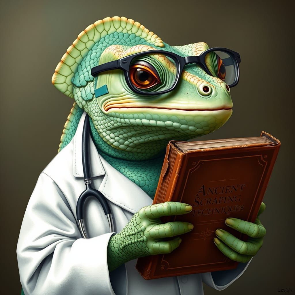 Anthropomorphic Chameleon Doctor Studies Ancient Scraping Te...
