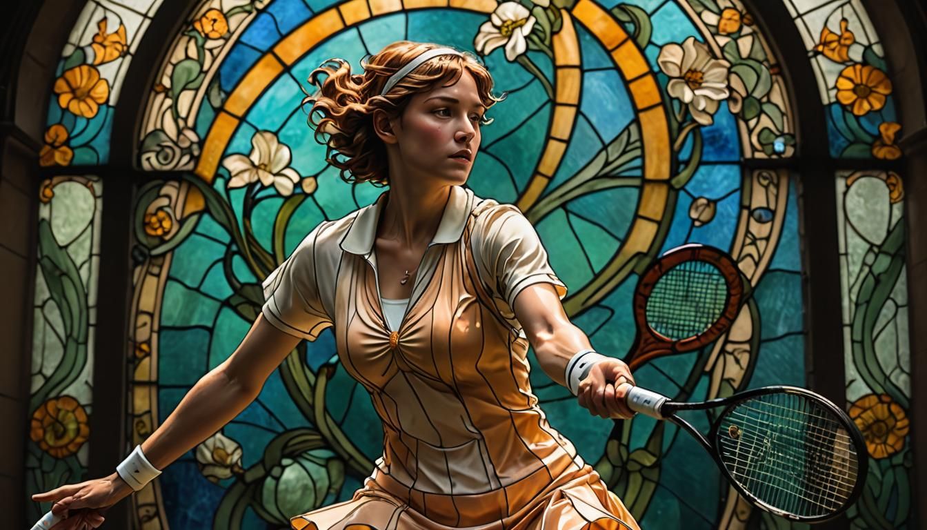 Art Nouveau Stained Glass Tennis Player