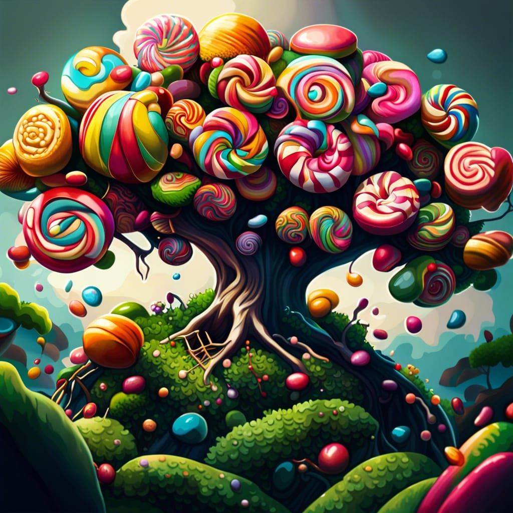 Candy Tree in Candyland: Hyperrealistic Digital Art