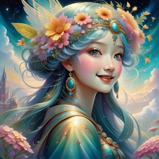 Summer Goddess in Magical Cloudscape, Digital Art