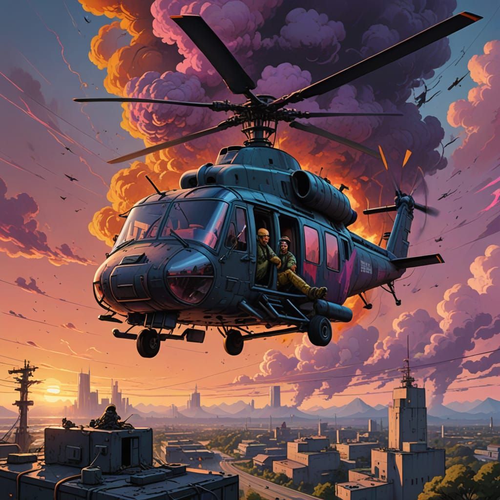 Sleek Military Helicopter Assault in Futuristic Sunset Lands...