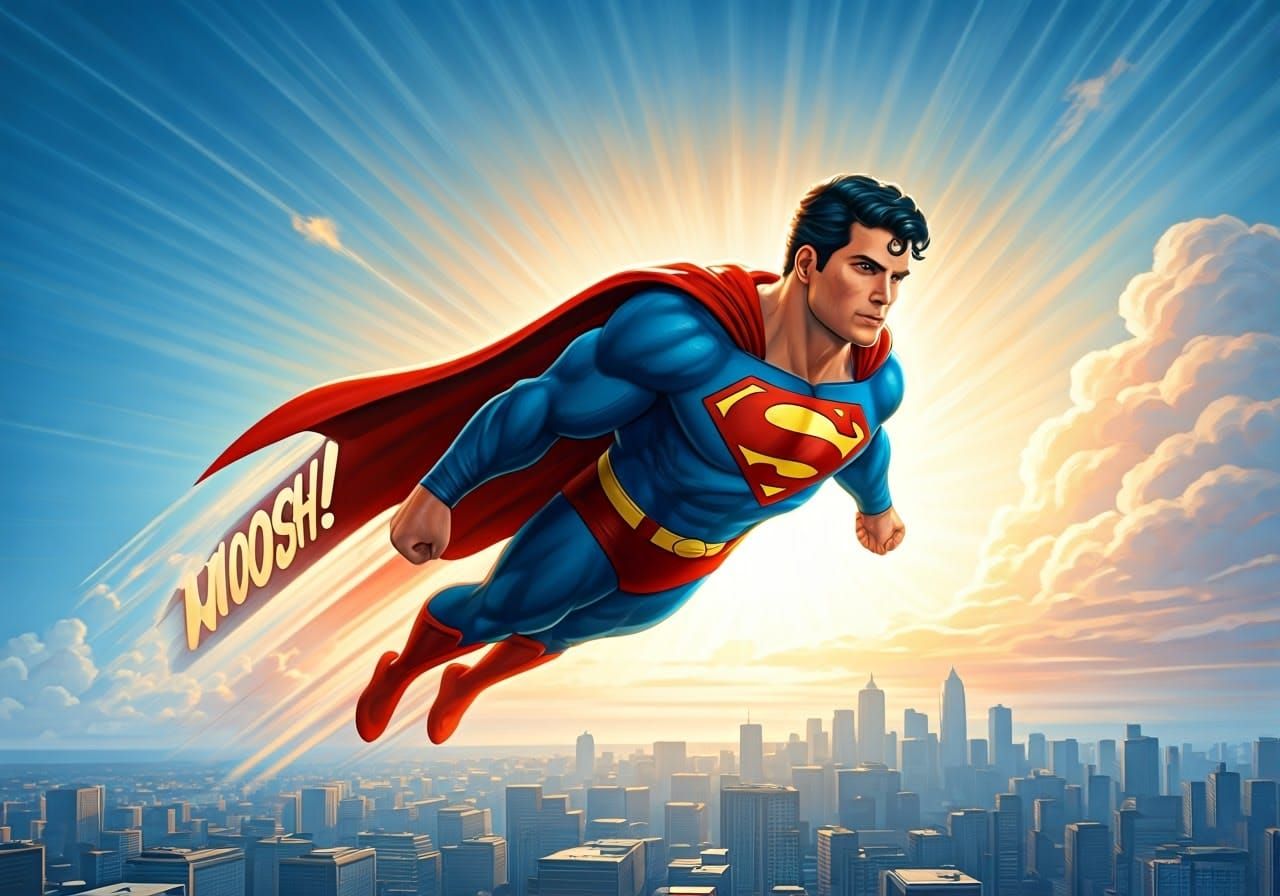 Superman Soaring with Speed, Watercolor Comic Style