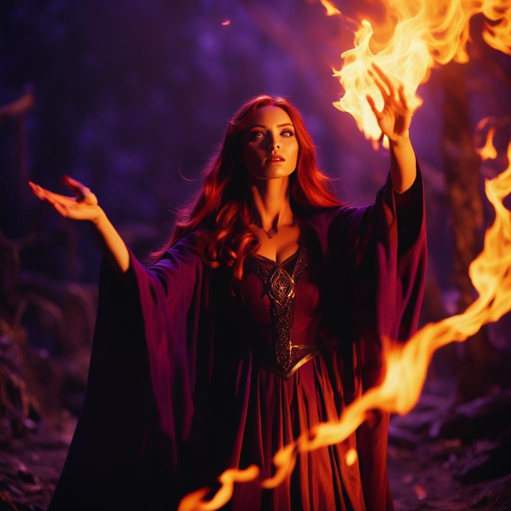 Flame Spell Sorceress in Cinematic Style