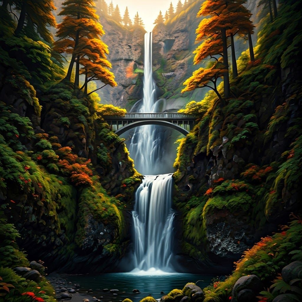 Multnomah falls in autumn beautiful 3D text saying it's a be...