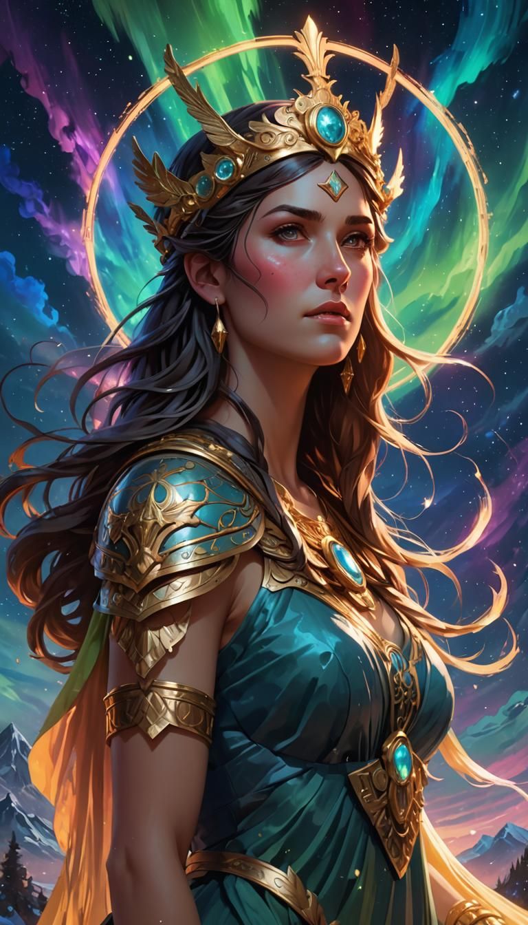 Athena Portrait Under Aurora Borealis, Hyperdetailed Art