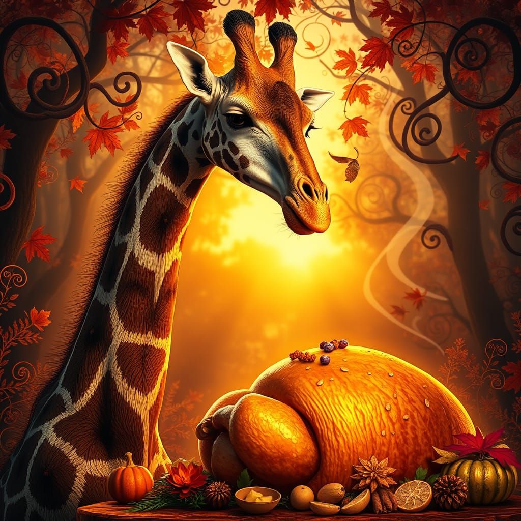 Giraffe Ready to Eat Thanksgiving Turkey: Fantasy Art