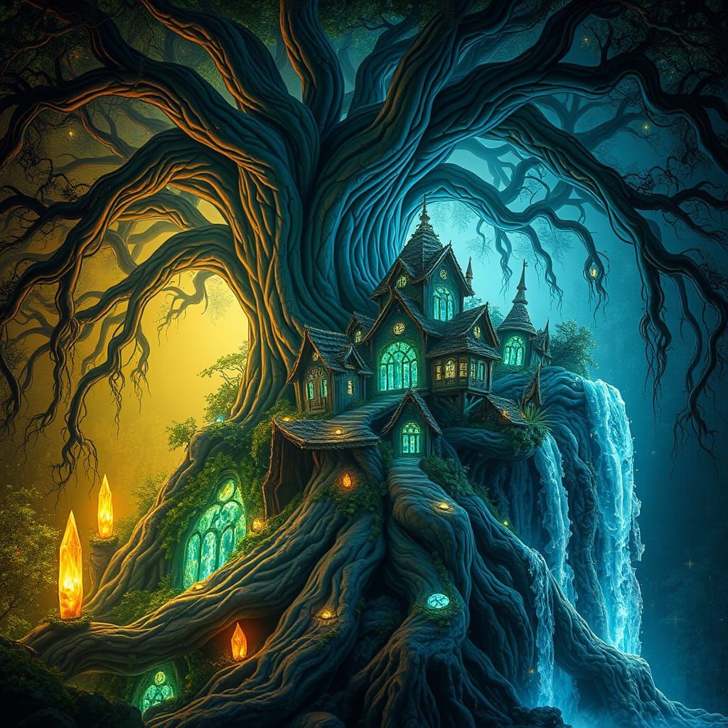 Enchanted Tree Village with Bioluminescent Inhabitants