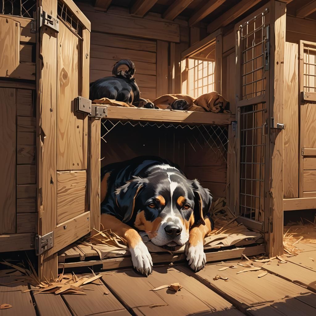 Dog Sleeping in Kennel: Comic Book Art Portrait