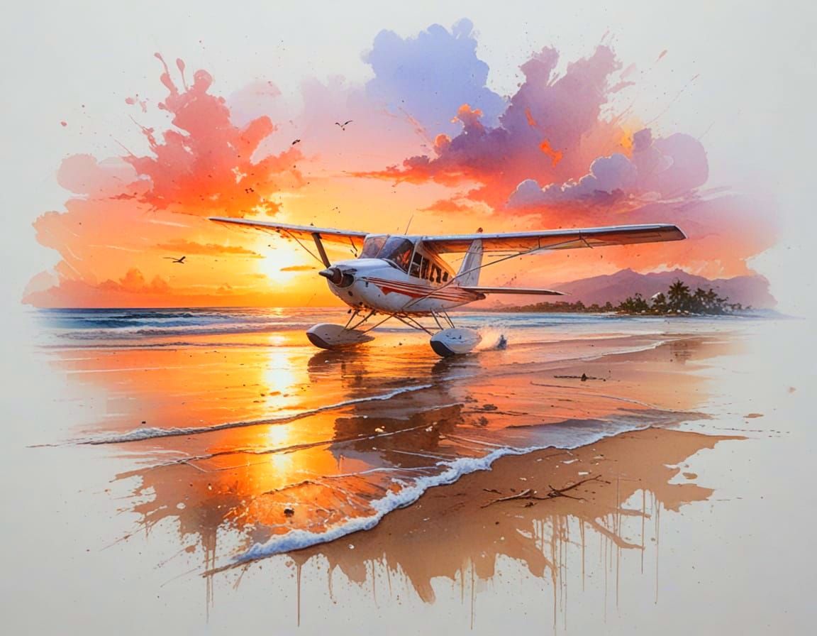 Tropical Beach Sunset with Seaplane in Stylized Watercolour
