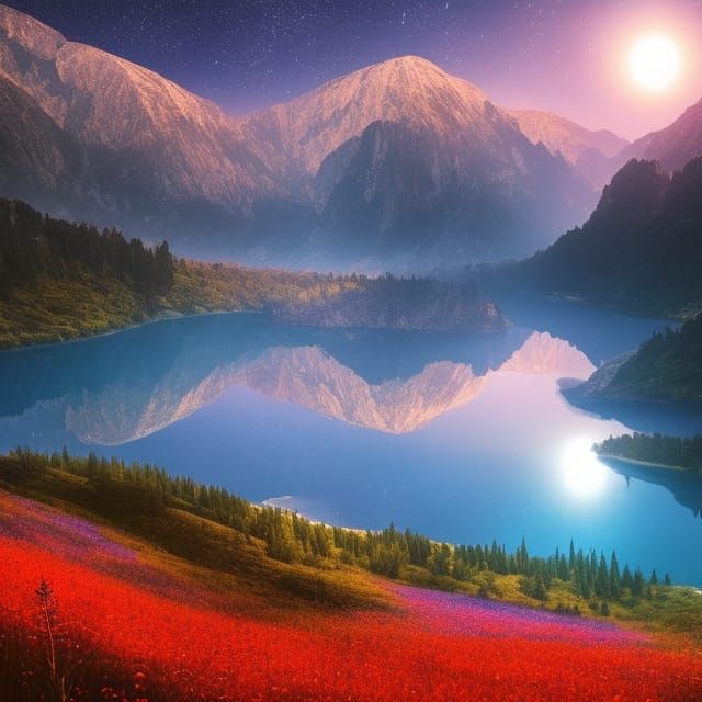 Moonlit Lake with Flower Meadows, Digital Painting