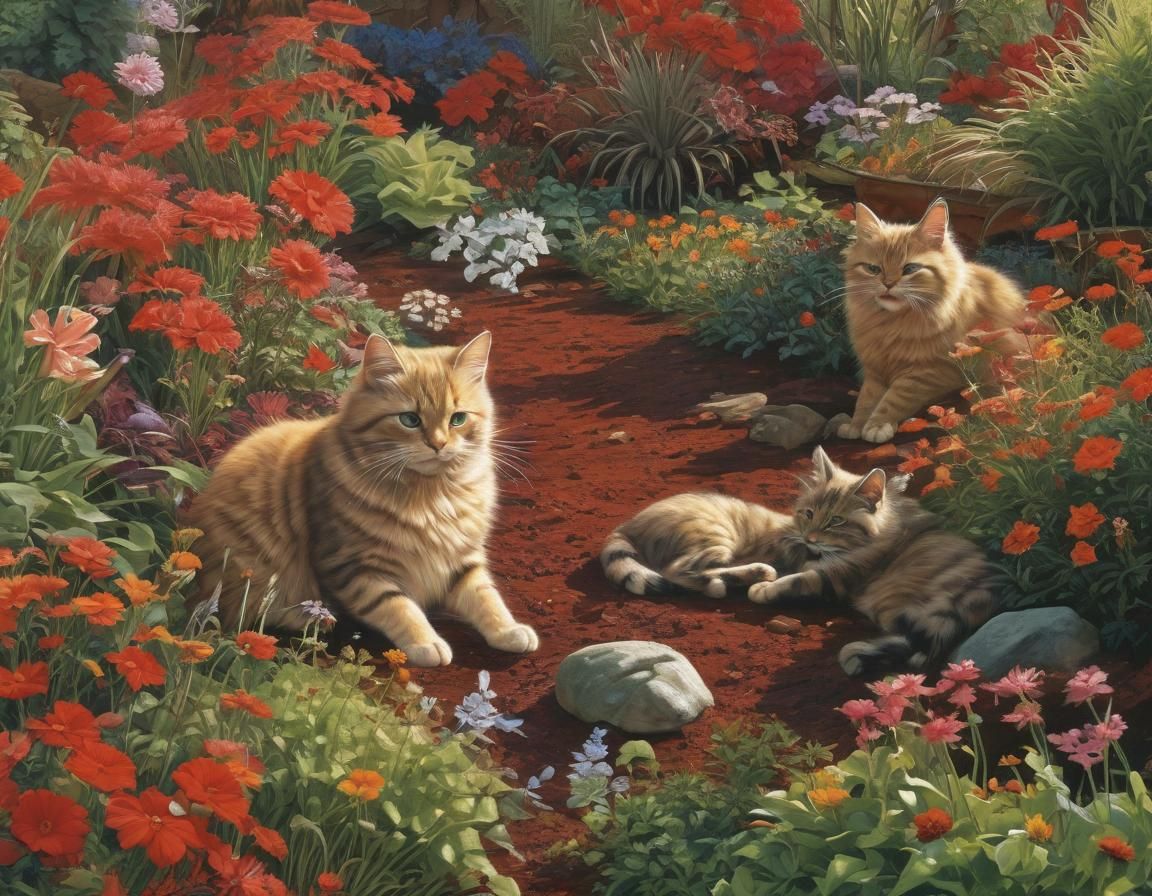 Cats Playing in Garden: Roger Dean Moebius Style