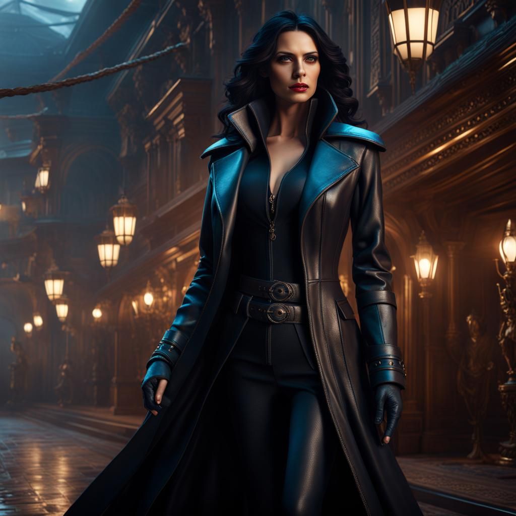 Fantastical Dark-Haired Woman in Leather Coat