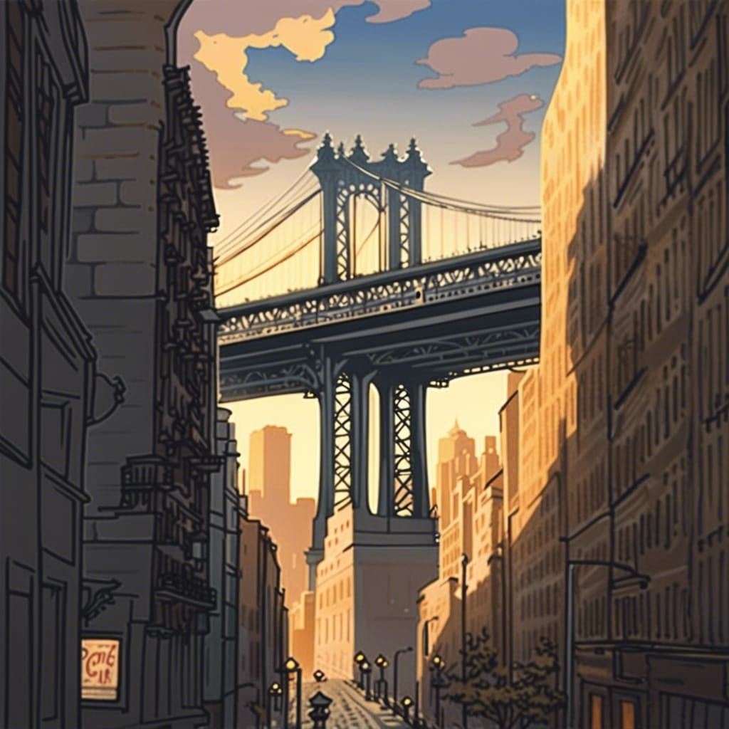 Empire State Building Through Manhattan Bridge, Ghibli Style