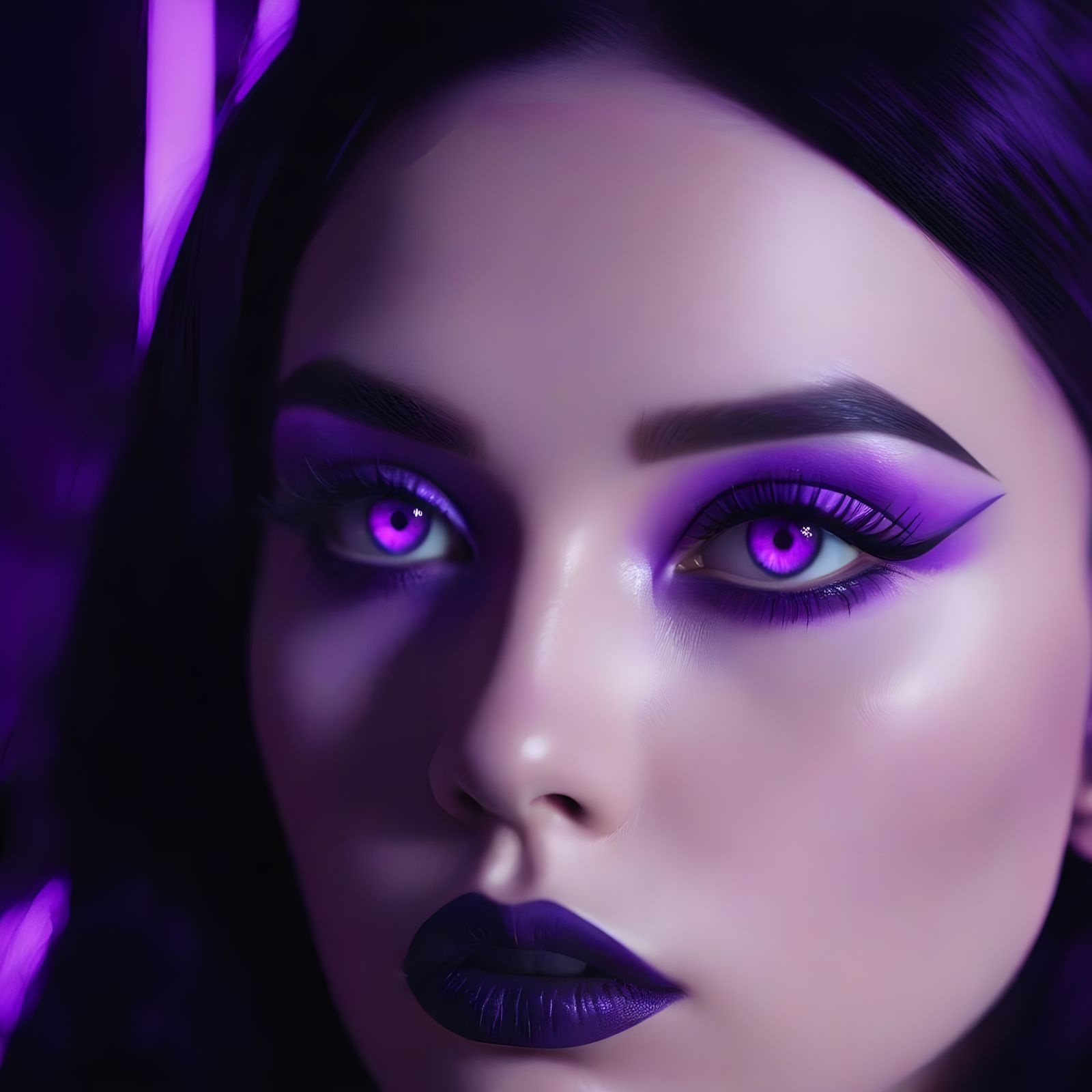 Gothic woman with long black hair and neon purple eyes with purple eyeshadow with purple eyeliner and black lipstick and...