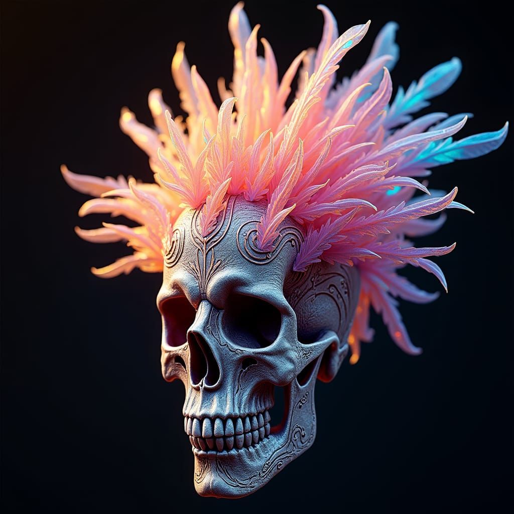 Ornate Skull with Iridescent Feathers in Fantasy Style
