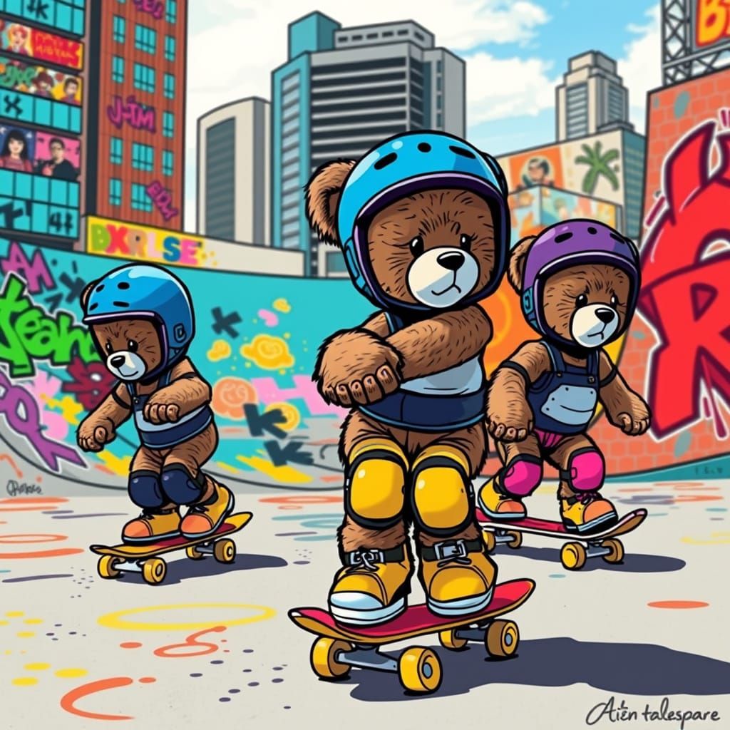 Teddy Bears Skateboarding in Urban Skatepark, Pop-Surrealism