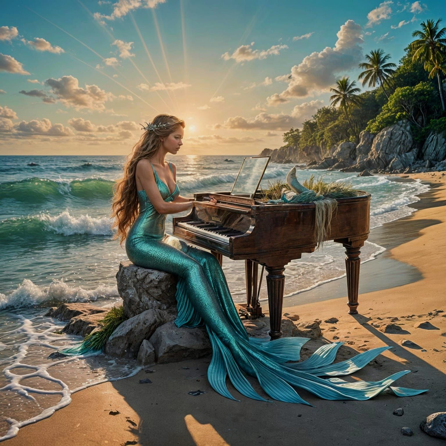 Sensual Mermaid Plays Piano on Tropical Beach