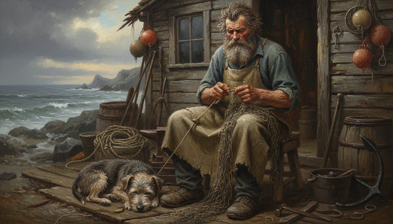 Grizzled Fisherman and Dog in Gritty Oil Painting
