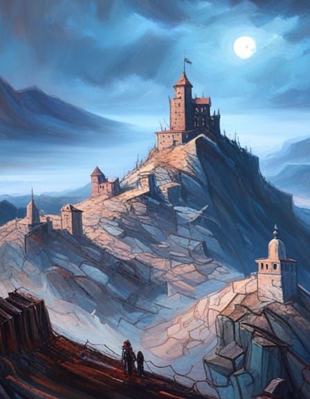 Sinister Mountain Fort: Gloomy Oil Painting