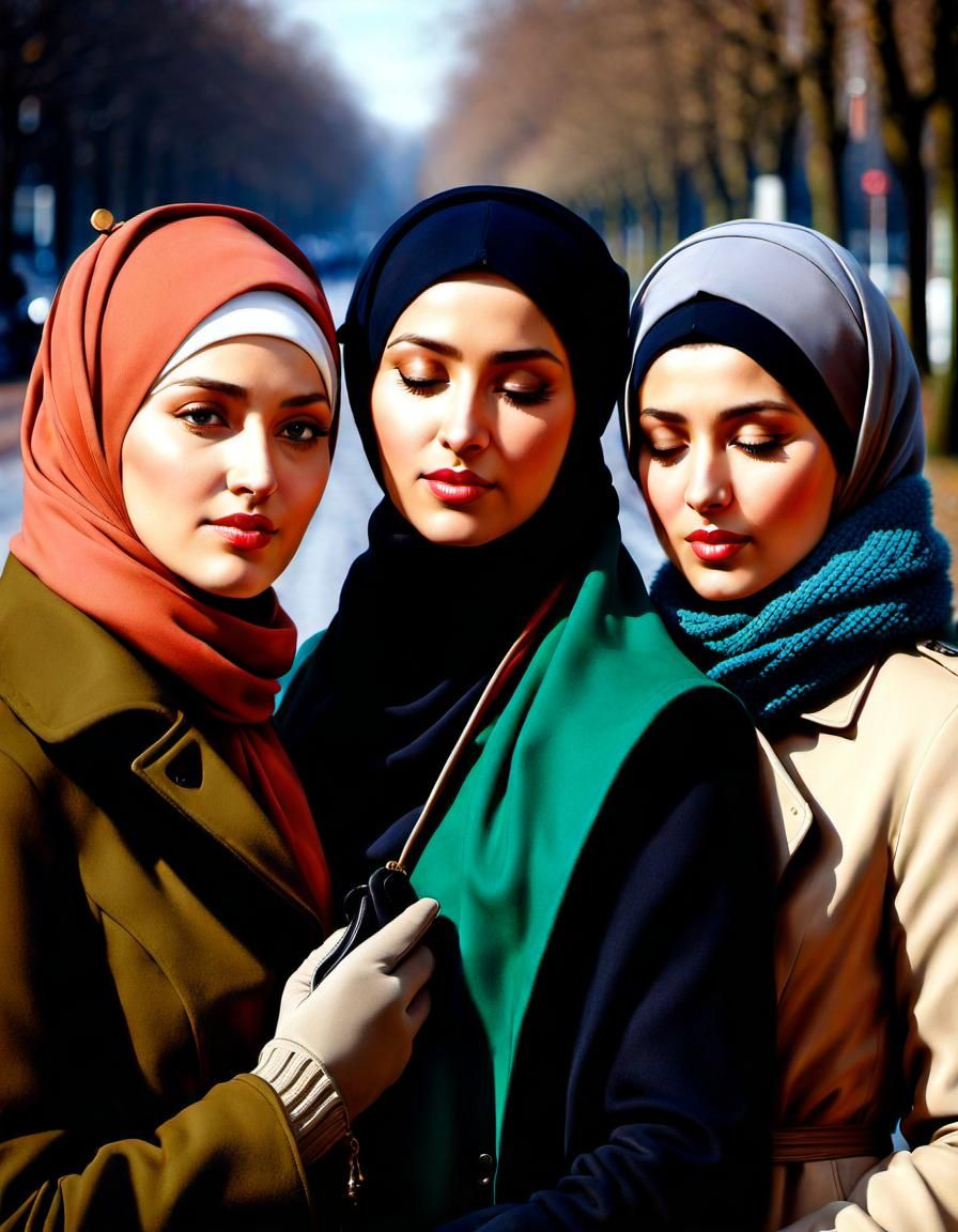 German Hijabi Girls in Winter Coats, Oil Painting