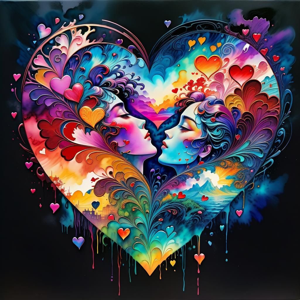 Vaporwave Heart Art with Watercolor Details