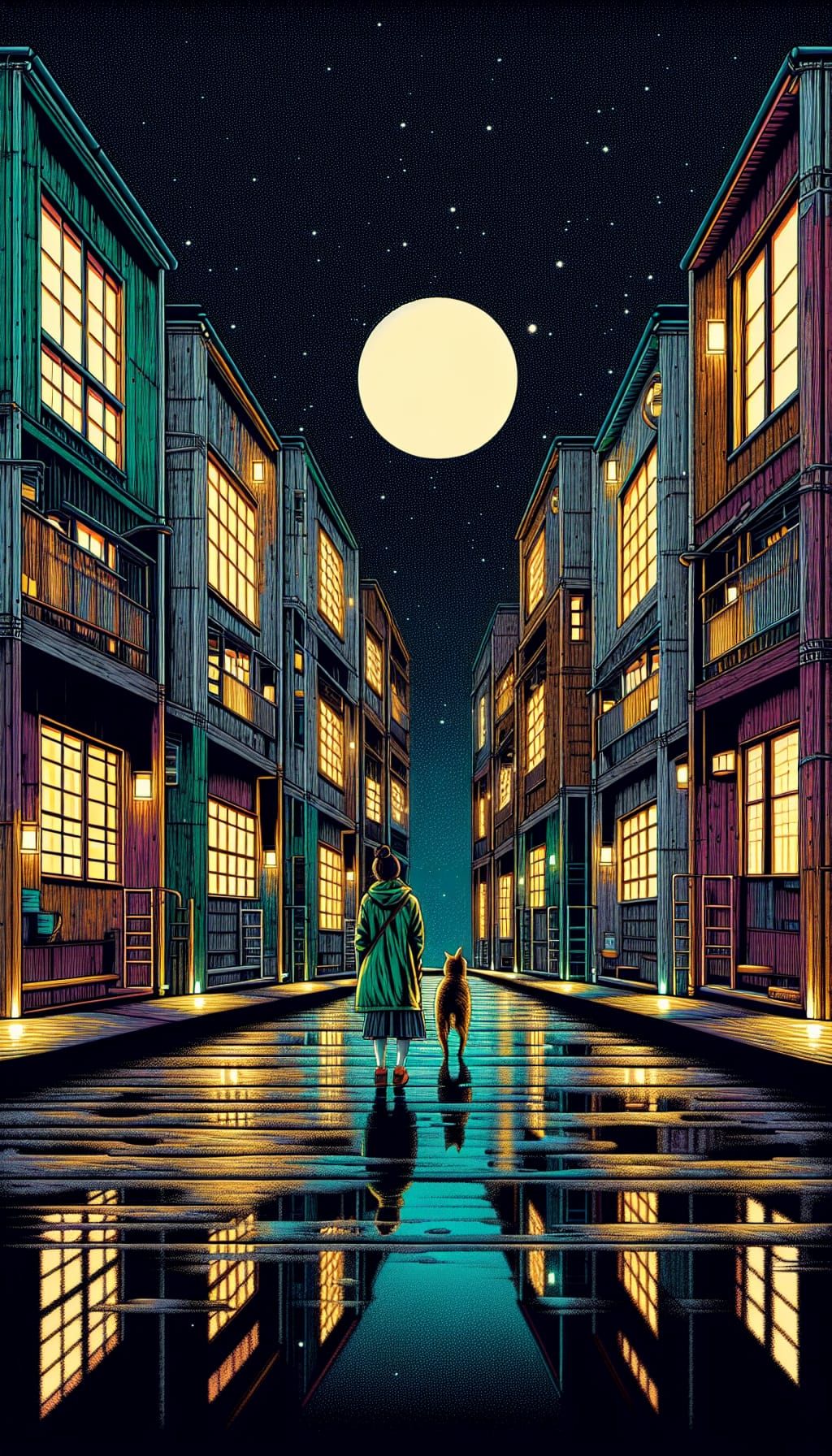 Night Scene: Colorful Houses Under Moonlight, Vector Art