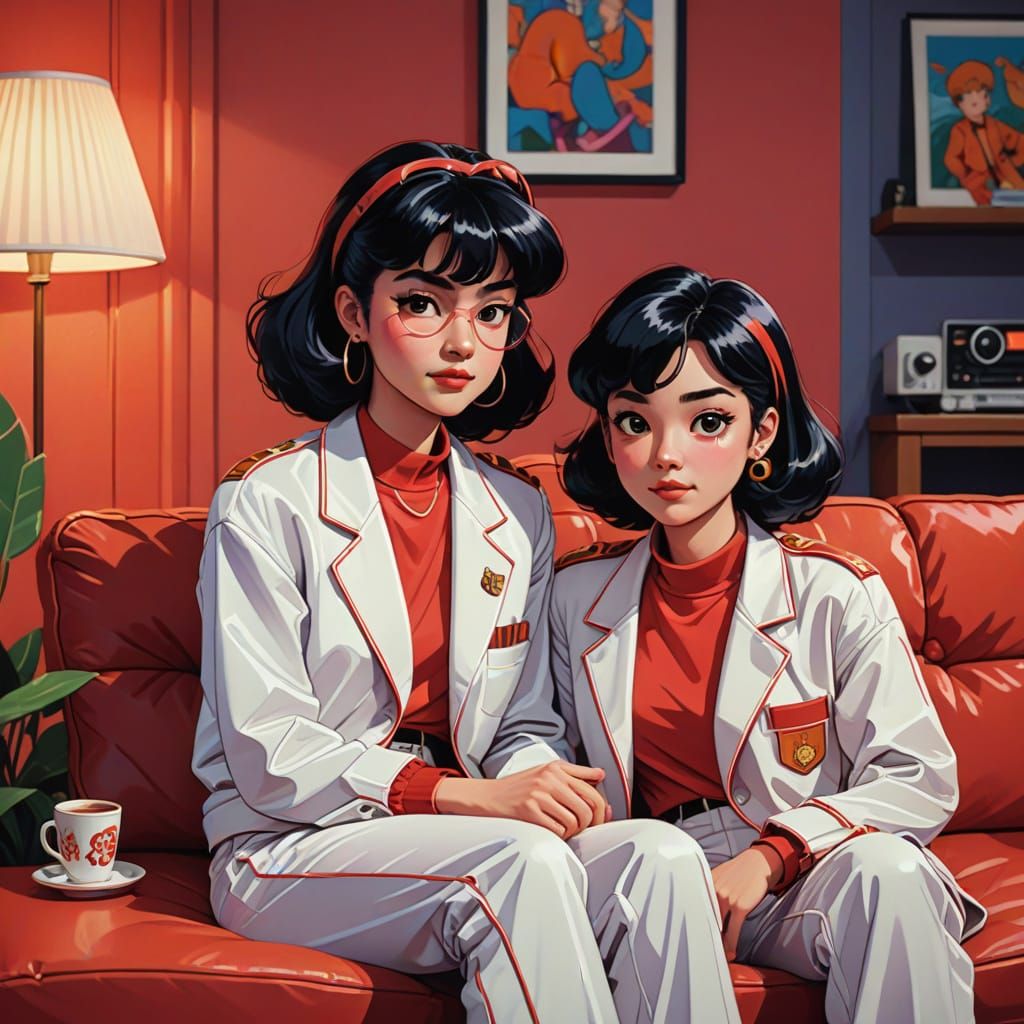 Couple in Satin Outfits on Red Couch, 1980s Anime Style
