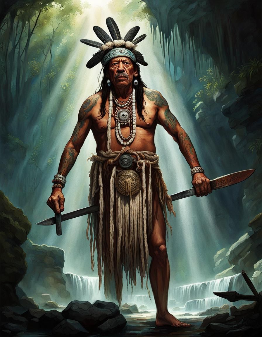 Mayan Shaman in Cenote, Sinister Dark Fantasy Art