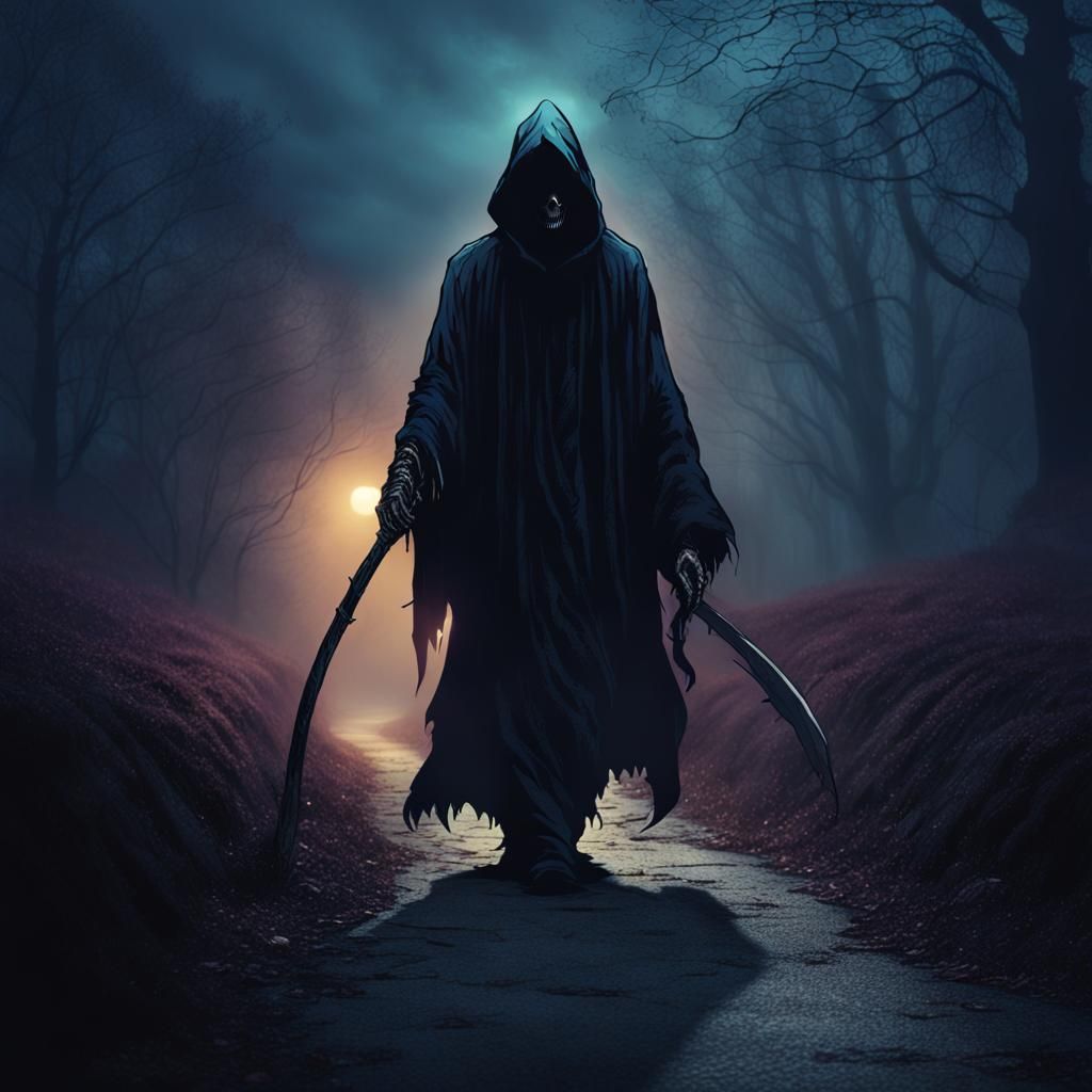 The Grim Reaper on a Dark, Foggy Path