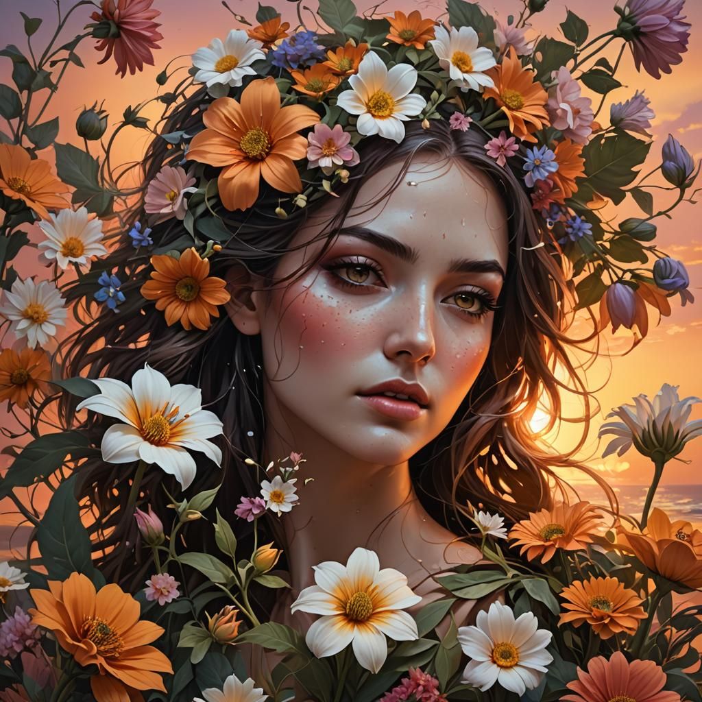 Hyperrealistic Female Flowers at Sunset: Splash Art