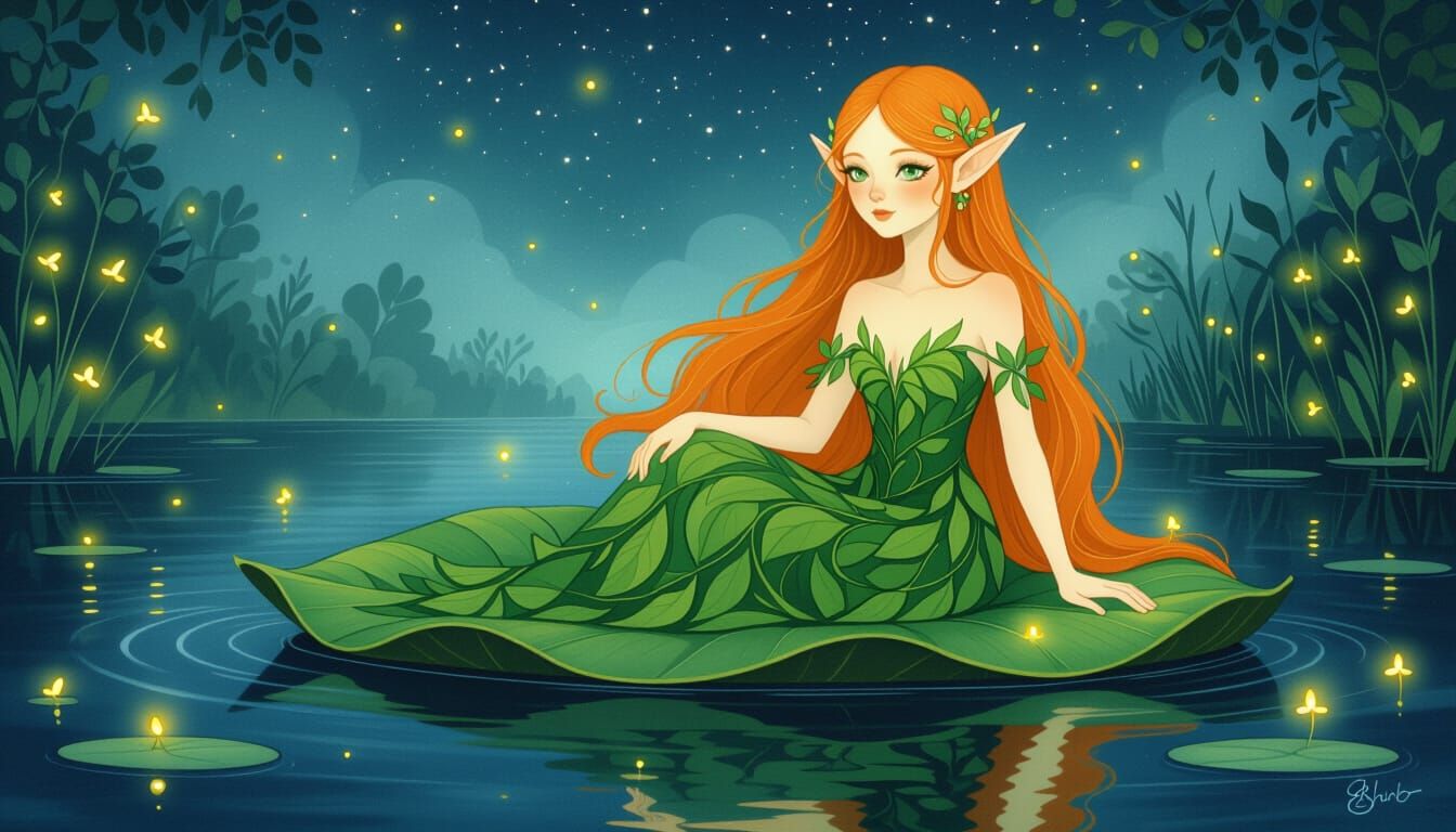 Elf Girl on Leaf in Lake at Night