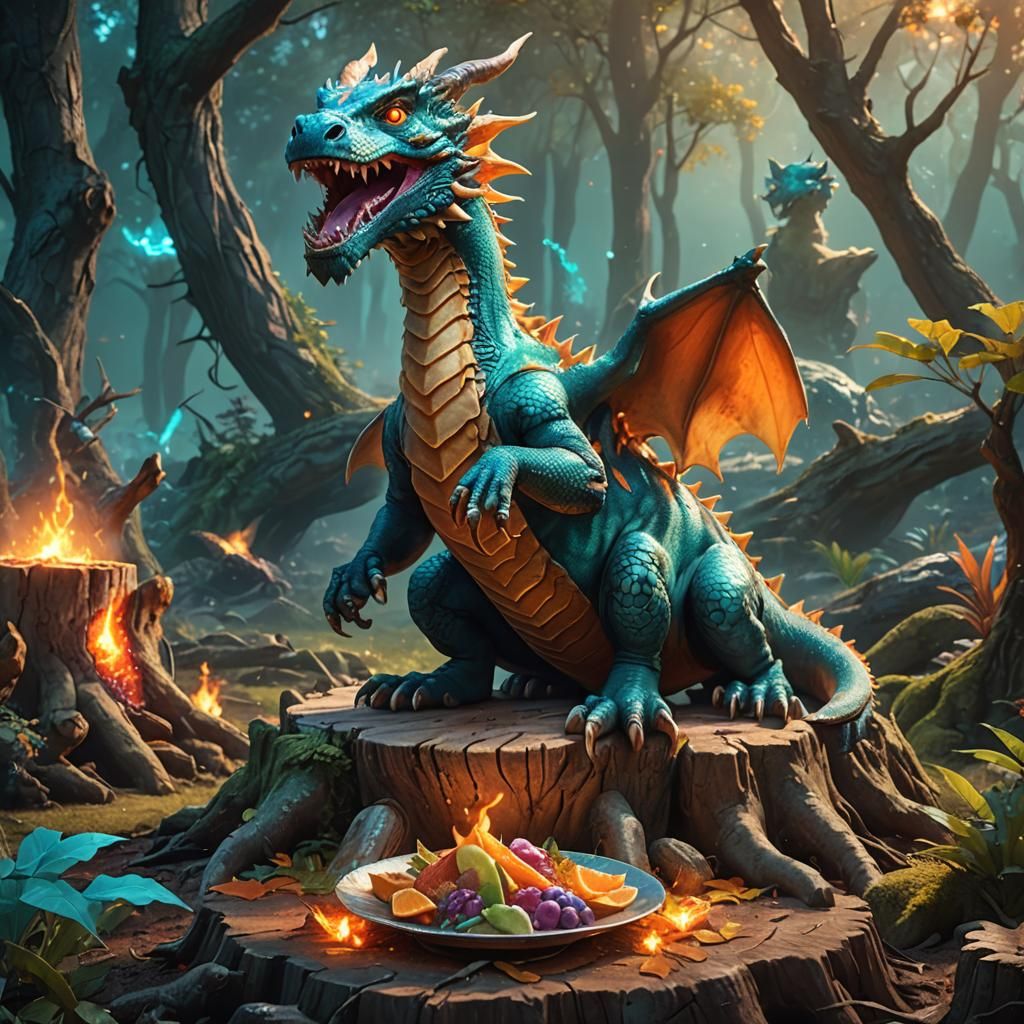Excited Dragon in Mystical Forest Fantasy Art
