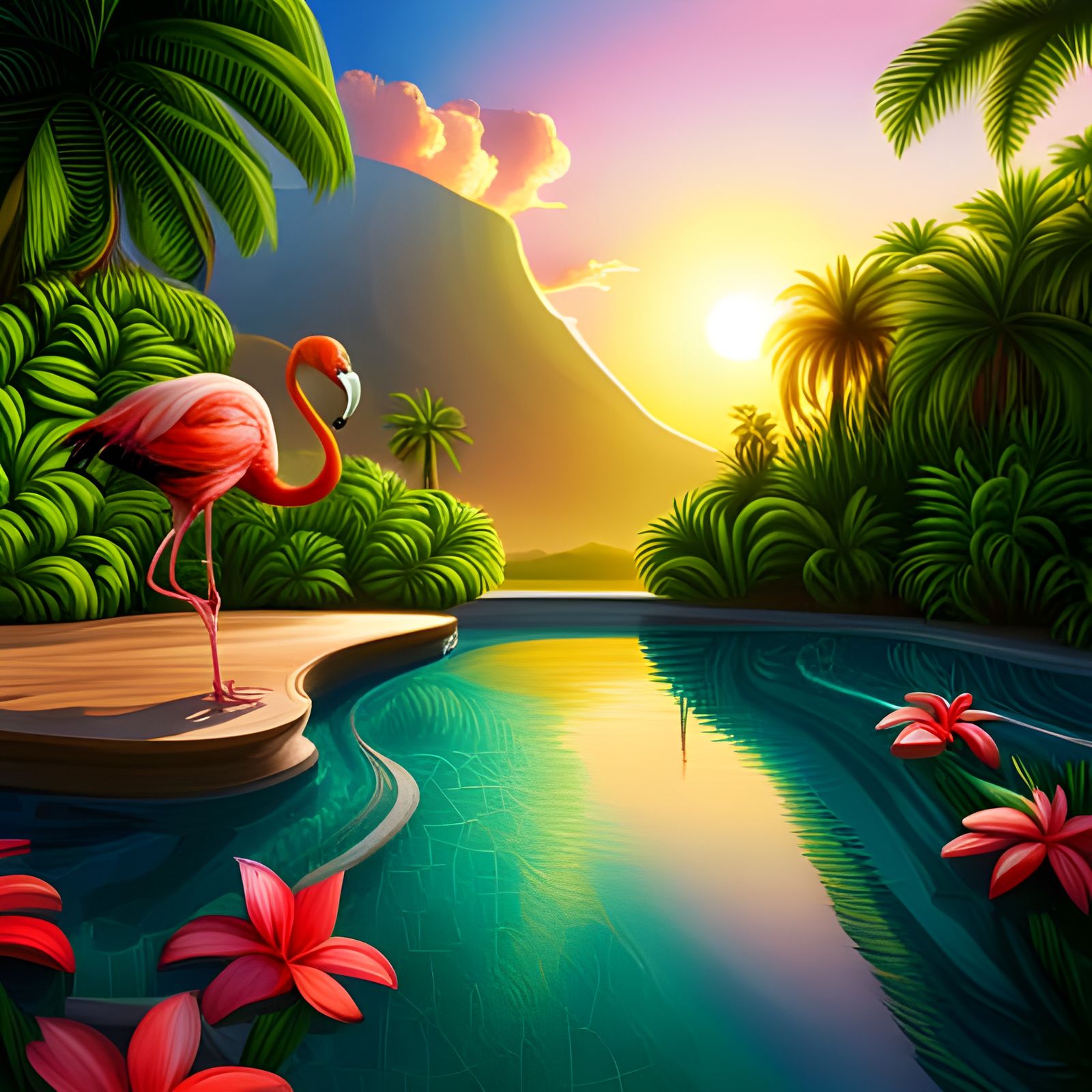 Hyperrealistic Flamingo in Tropical Eco-Lodge Pool
