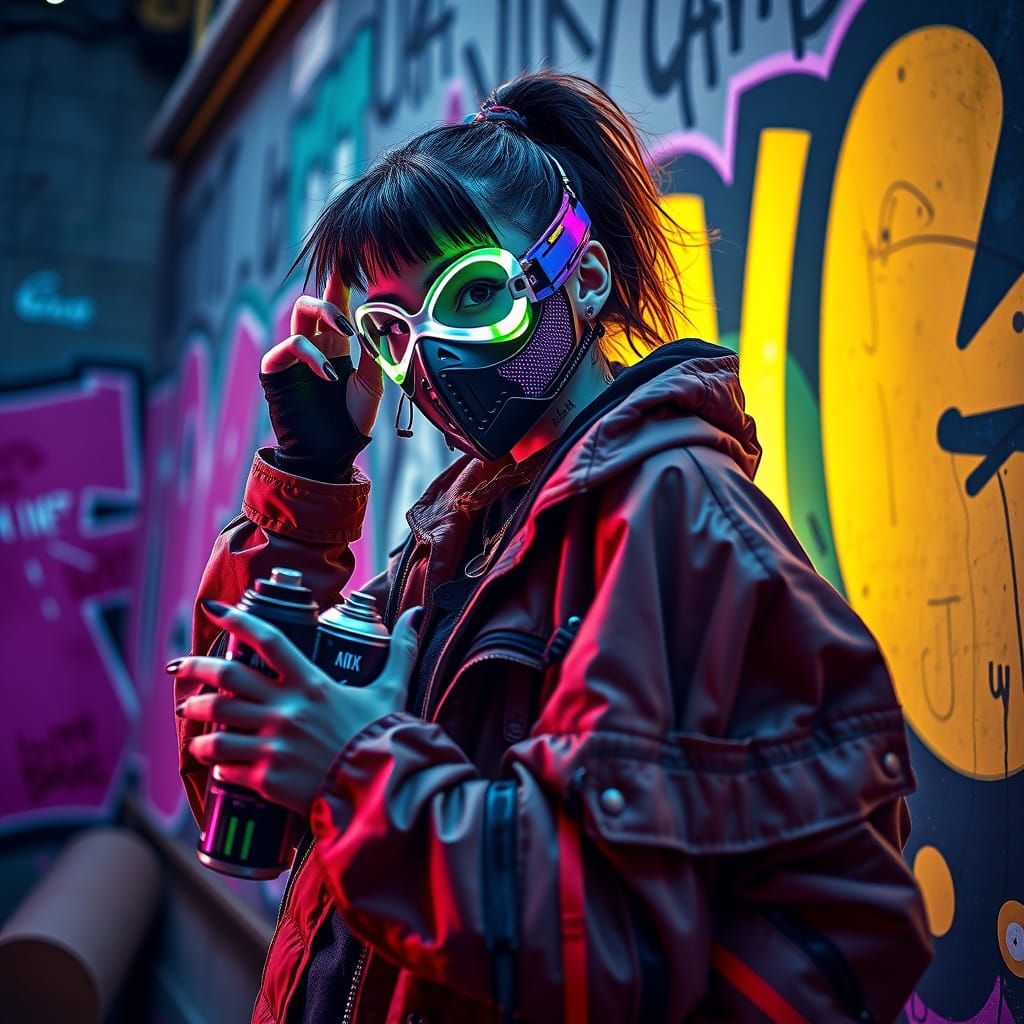 Street Artist in Urban Cybergoth Style with Neon Graffiti