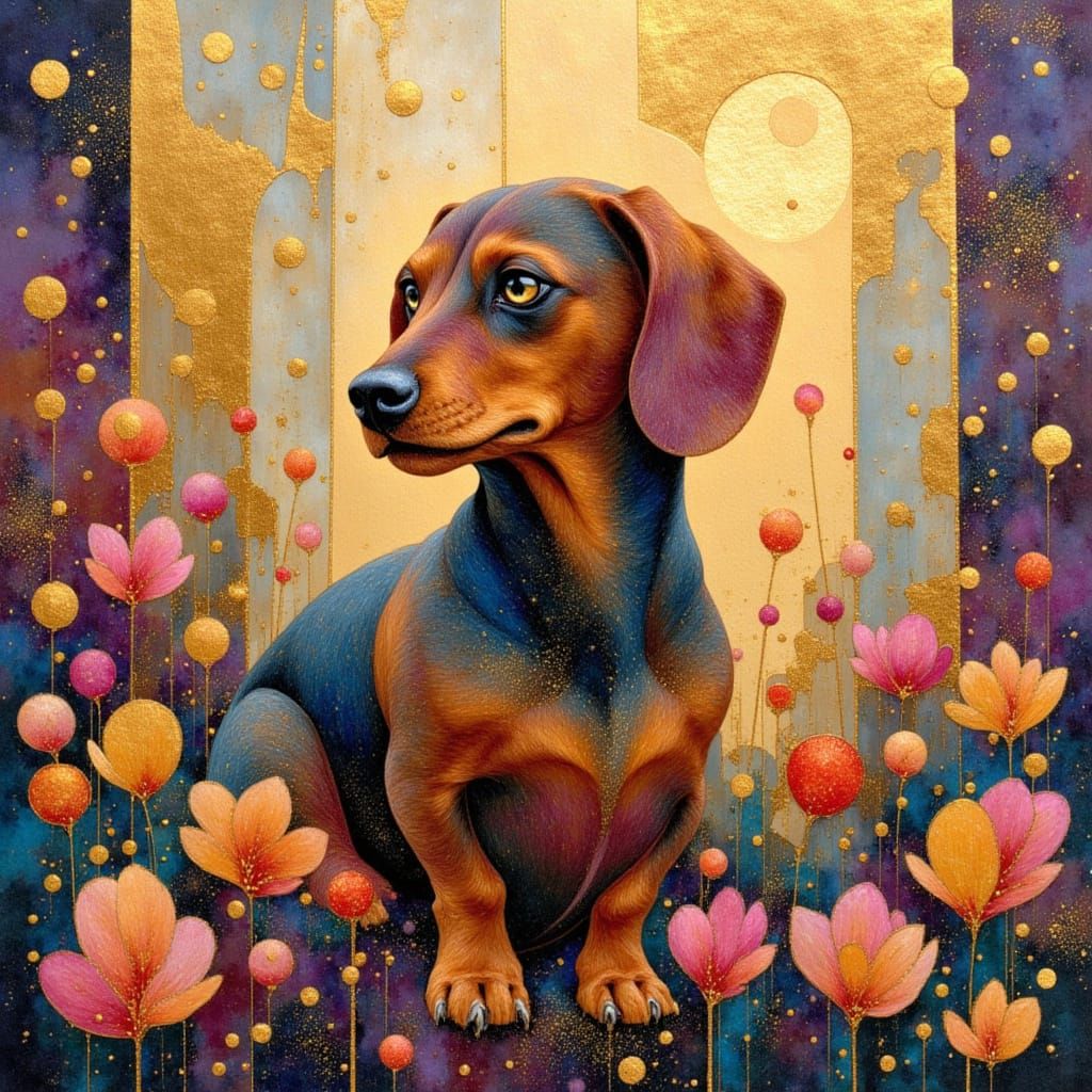 Impressionist Dachshund in Spring Garden with Gold Veins