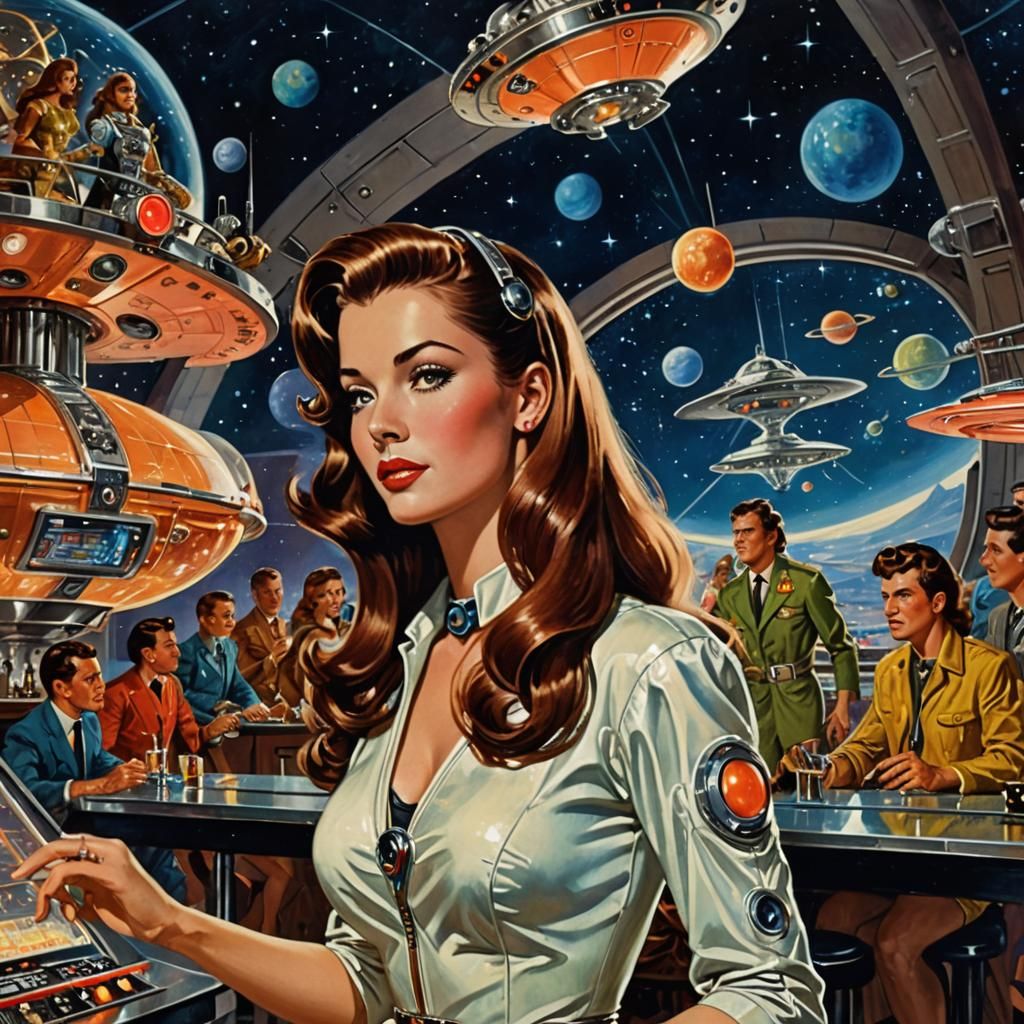 Retrofuturistic Singer in Space Station Bar