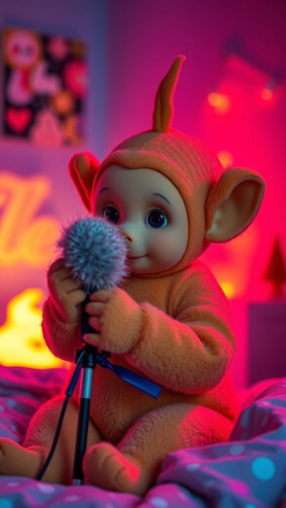 Neon Teletubby Portrait with Fuzzy Microphone