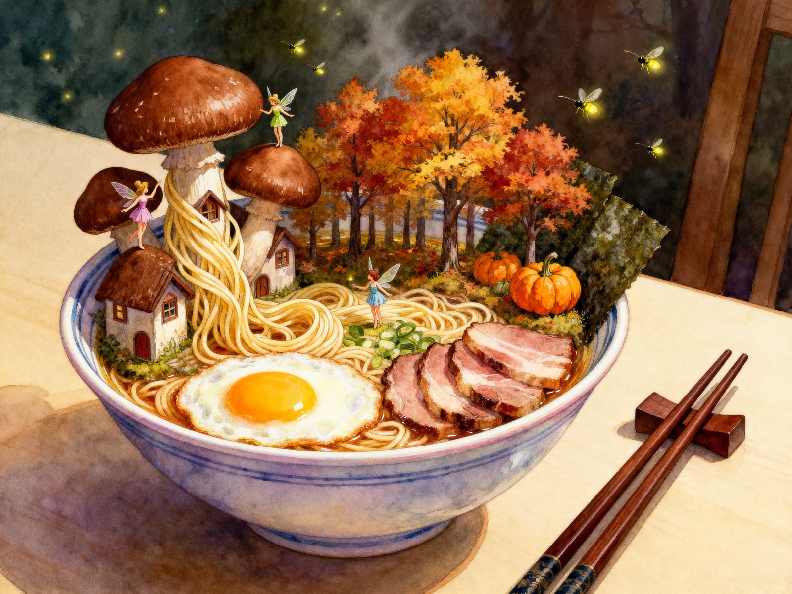 Autumn Forest Ramen Bowl with Fairies and Mushroom Houses