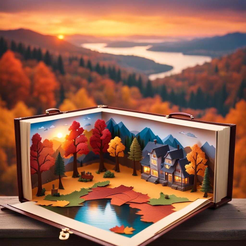 Autumn Pop-Up Book in Suitcase: Hyperrealistic HDR