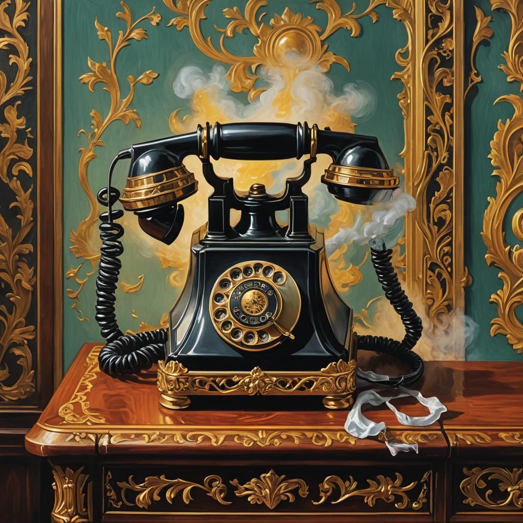 Smoking Telephone in Ballroom, Surreal Impasto Gouache