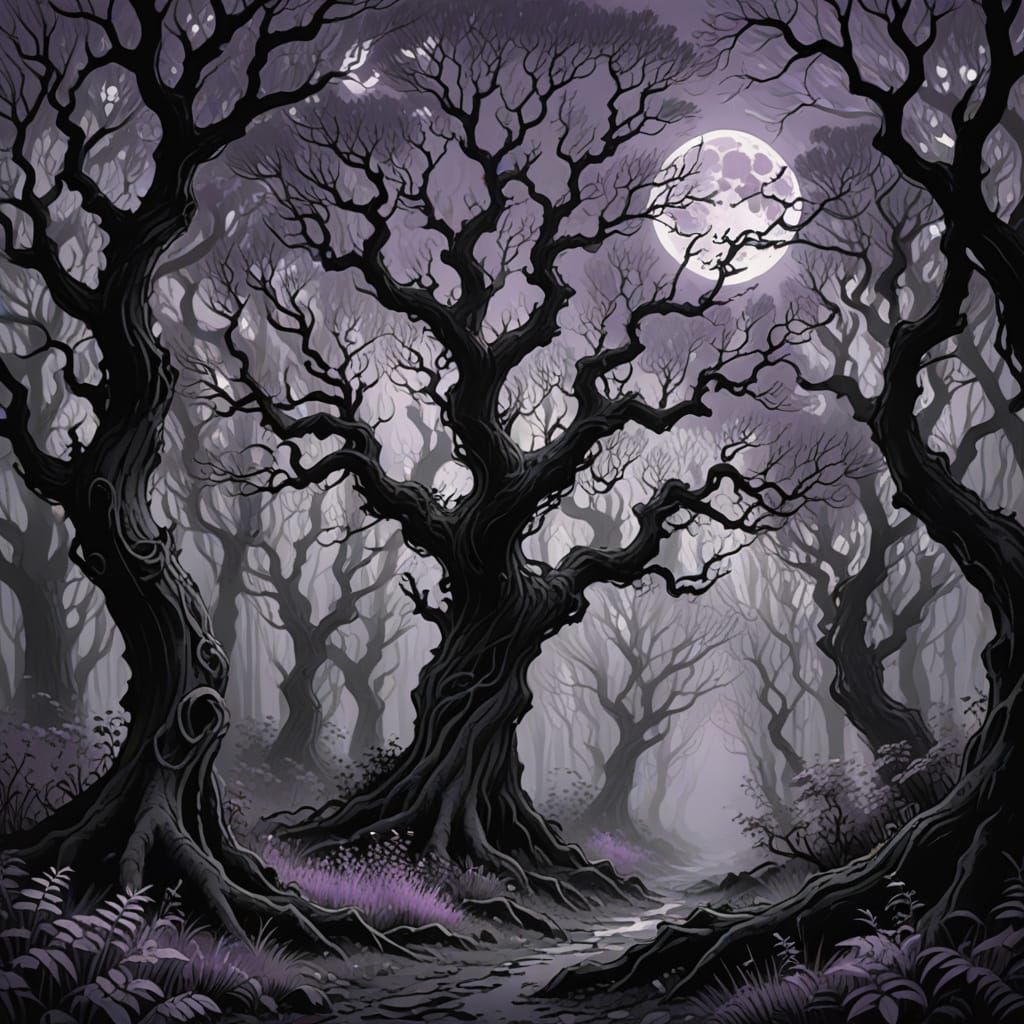 Ethereal Grayscale Forest with Lilac Portal, Dreamlike Digit...